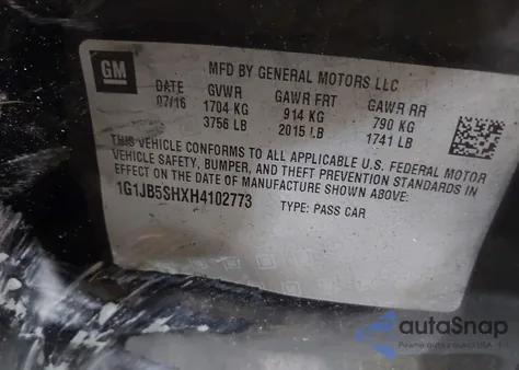 2017 Chevrolet Sonic Ls Auto из США, поврежденный, VIN 1G1JB5SHXH4102773